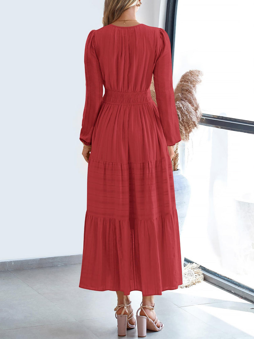 Women's Red Tiered Maxi Dress Smocked Waist Long Sleeve Flowy Style
