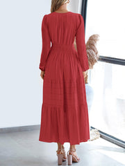 Women's Red Tiered Maxi Dress Smocked Waist Long Sleeve Flowy Style