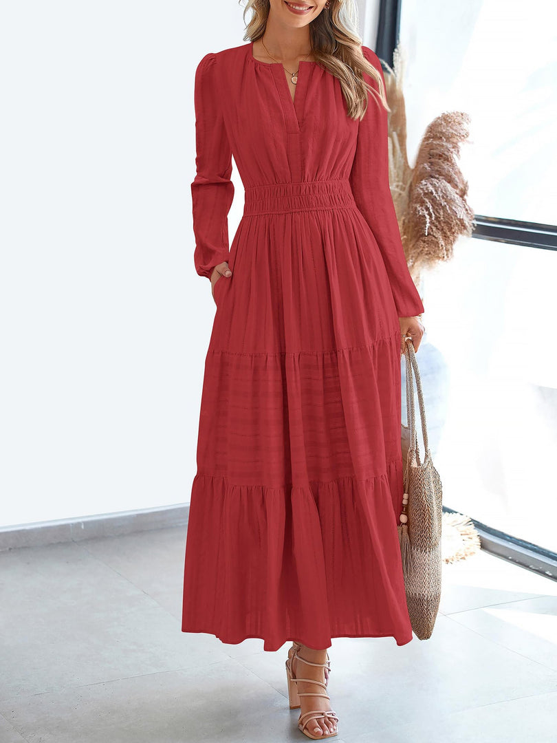 Women's Red Tiered Maxi Dress Smocked Waist Long Sleeve Flowy Style