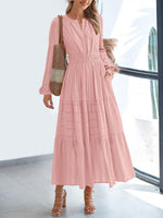 Load image into Gallery viewer, Women's Pink Dress V Neck Long Sleeve Tiered Maxi Style
