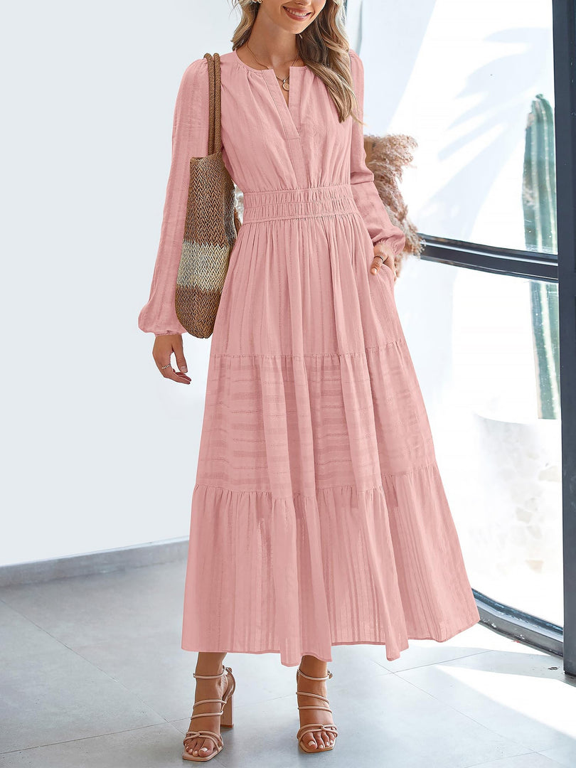 Women's Pink Dress V Neck Long Sleeve Tiered Maxi Style