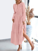 Load image into Gallery viewer, Women's Pink Dress V Neck Long Sleeve Tiered Maxi Style
