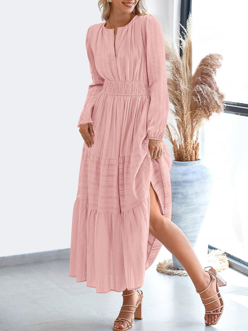 Women's Pink Dress V Neck Long Sleeve Tiered Maxi Style