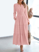 Load image into Gallery viewer, Women's Pink Dress V Neck Long Sleeve Tiered Maxi Style
