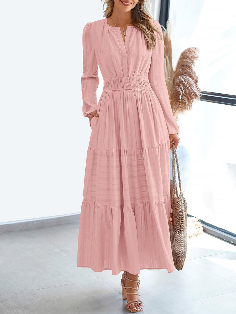 Women's Pink Dress V Neck Long Sleeve Tiered Maxi Style