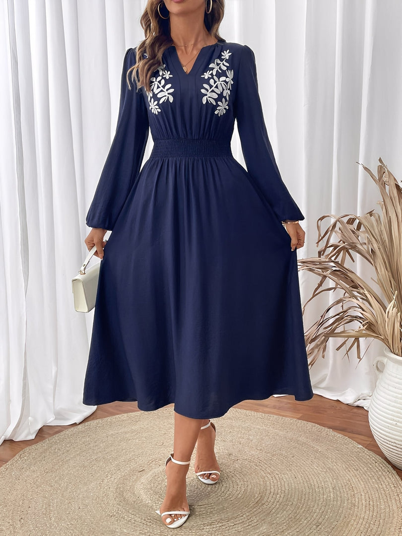 Women's Navy a Line Wedding Dress Embroidered V Neck Long Sleeve