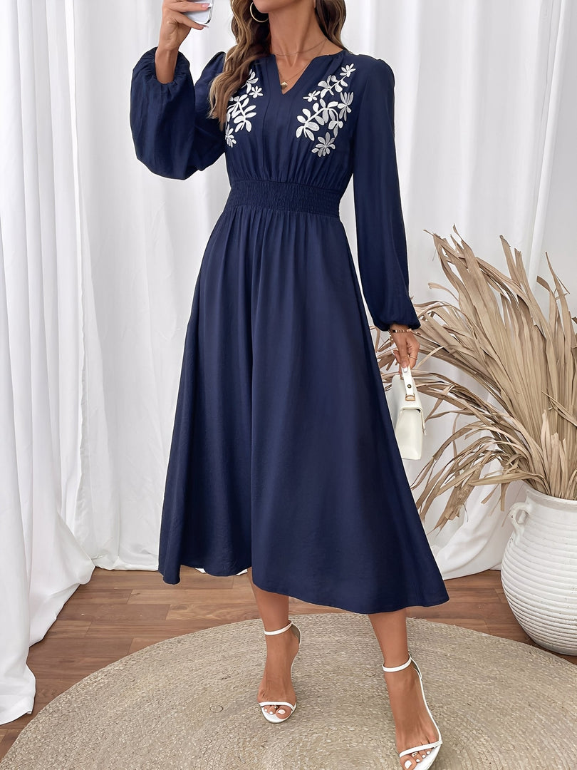 Women's Navy a Line Wedding Dress Embroidered V Neck Long Sleeve