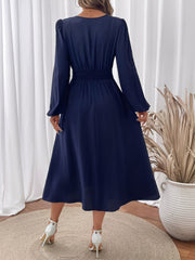 Women's Navy a Line Wedding Dress Embroidered V Neck Long Sleeve