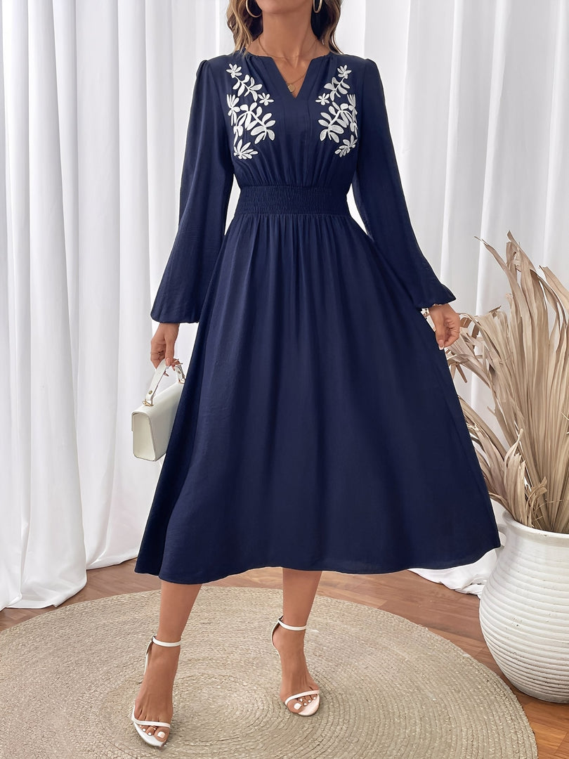 Women's Navy a Line Wedding Dress Embroidered V Neck Long Sleeve