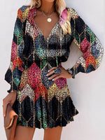 Load image into Gallery viewer, Women's Mini Dress V Neck Long Sleeve Tiered Flowy Style
