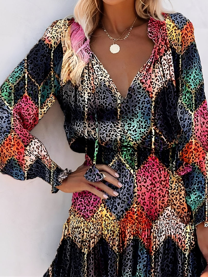 Women's Mini Dress V Neck Long Sleeve Tiered Flowy Style