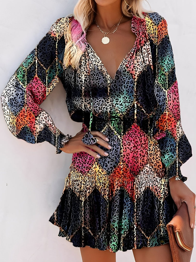 Women's Mini Dress V Neck Long Sleeve Tiered Flowy Style