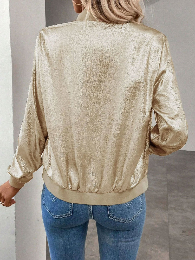 Women's Gold Bomber Jacket Zip Front Ribbed Trim Cropped Style