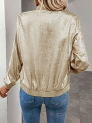 Women's Gold Bomber Jacket Zip Front Ribbed Trim Cropped Style