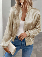 Load image into Gallery viewer, Women's Gold Bomber Jacket Zip Front Ribbed Trim Cropped Style
