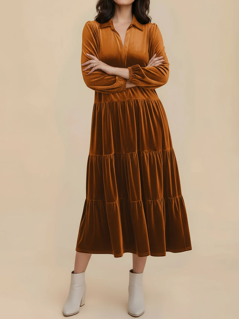 Women's Velvet Midi Dress Collar Long Sleeve Tiered Flowing Fall Wedding Guest Style