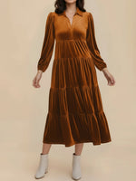 Load image into Gallery viewer, Women's Velvet Midi Dress Collar Long Sleeve Tiered Flowing Fall Wedding Guest Style

