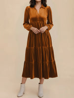 Load image into Gallery viewer, Women's Velvet Midi Dress Collar Long Sleeve Tiered Flowing Fall Wedding Guest Style

