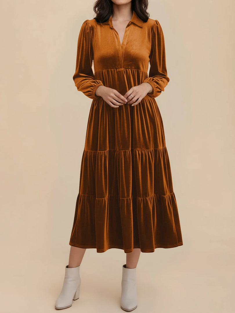 Women's Velvet Midi Dress Collar Long Sleeve Tiered Flowing Fall Wedding Guest Style