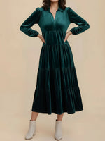 Load image into Gallery viewer, Women's Velvet Midi Dress Collar Long Sleeve Tiered Flowing Fall Wedding Guest Style
