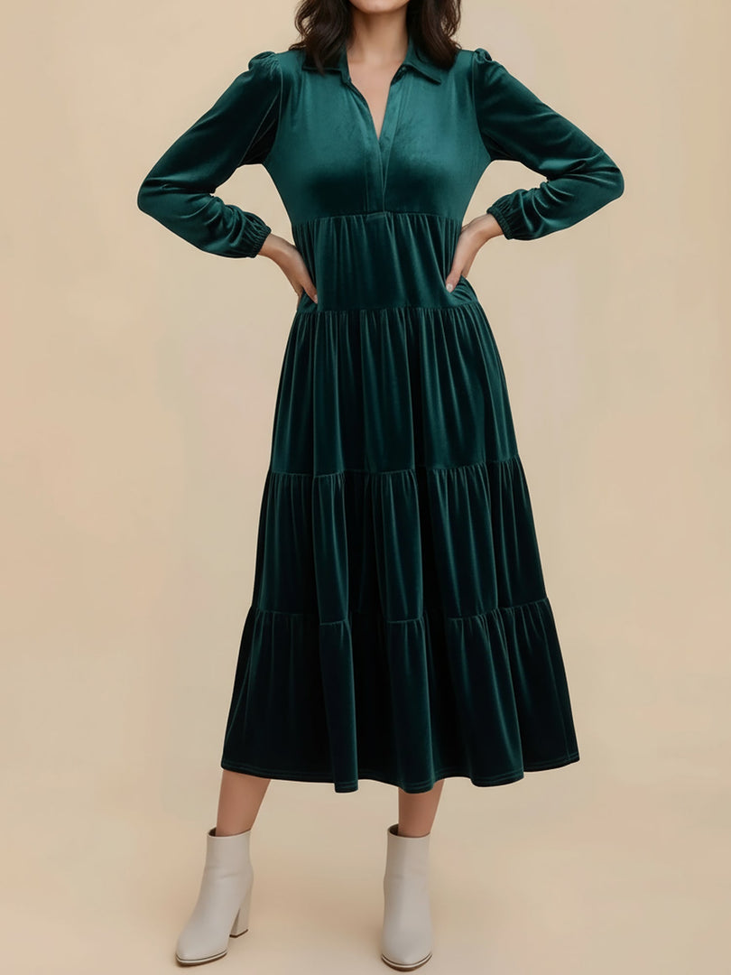 Women's Velvet Midi Dress Collar Long Sleeve Tiered Flowing Fall Wedding Guest Style