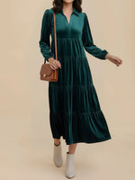 Load image into Gallery viewer, Women's Velvet Midi Dress Collar Long Sleeve Tiered Flowing Fall Wedding Guest Style
