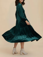 Load image into Gallery viewer, Women's Velvet Midi Dress Collar Long Sleeve Tiered Flowing Fall Wedding Guest Style
