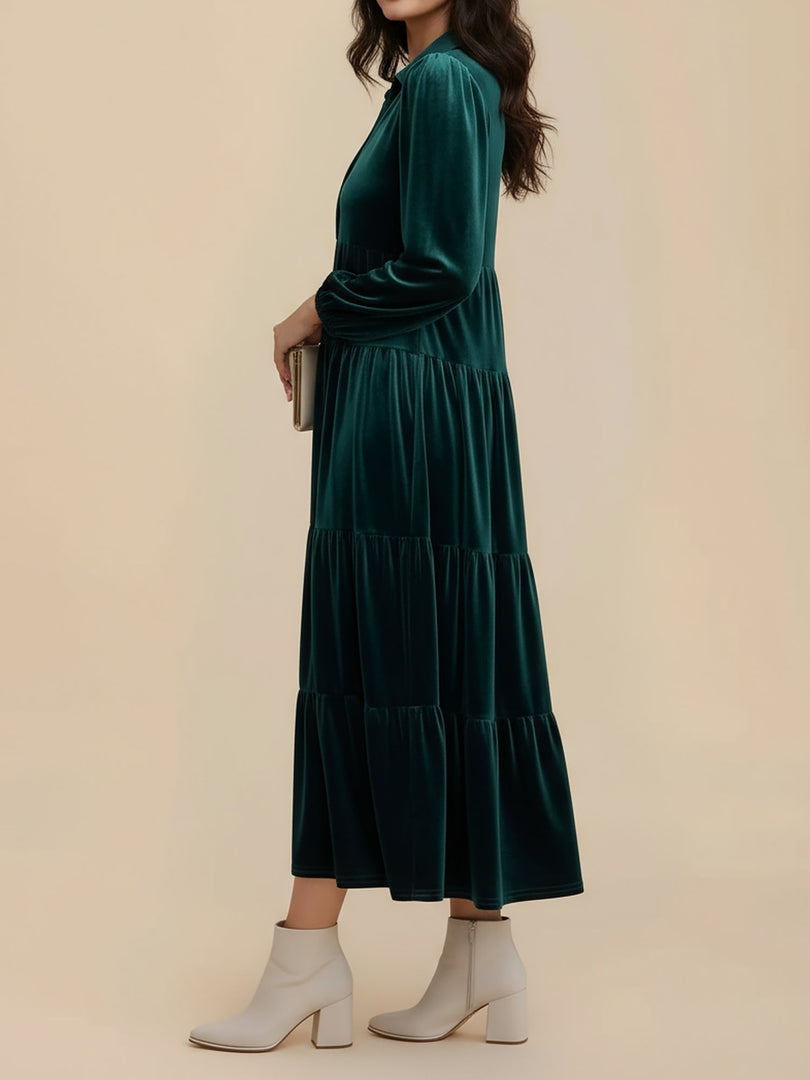 Women's Velvet Midi Dress Collar Long Sleeve Tiered Flowing Fall Wedding Guest Style