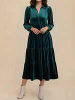 Load image into Gallery viewer, Women's Velvet Midi Dress Collar Long Sleeve Tiered Flowing Fall Wedding Guest Style
