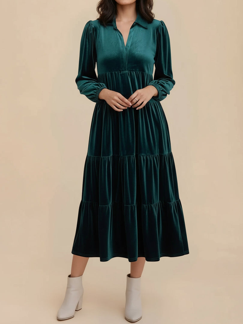Women's Velvet Midi Dress Collar Long Sleeve Tiered Flowing Fall Wedding Guest Style