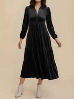 Load image into Gallery viewer, Women's Velvet Midi Dress Collar Long Sleeve Tiered Flowing Fall Wedding Guest Style
