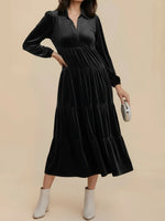 Load image into Gallery viewer, Women's Velvet Midi Dress Collar Long Sleeve Tiered Flowing Fall Wedding Guest Style
