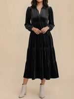 Load image into Gallery viewer, Women's Velvet Midi Dress Collar Long Sleeve Tiered Flowing Fall Wedding Guest Style
