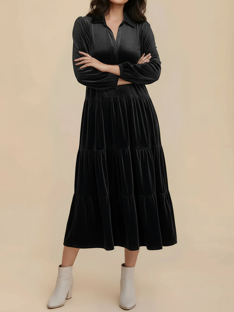 Women's Velvet Midi Dress Collar Long Sleeve Tiered Flowing Fall Wedding Guest Style