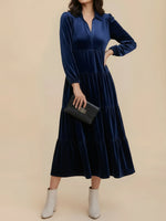 Load image into Gallery viewer, Women's Velvet Midi Dress Collar Long Sleeve Tiered Flowing Fall Wedding Guest Style
