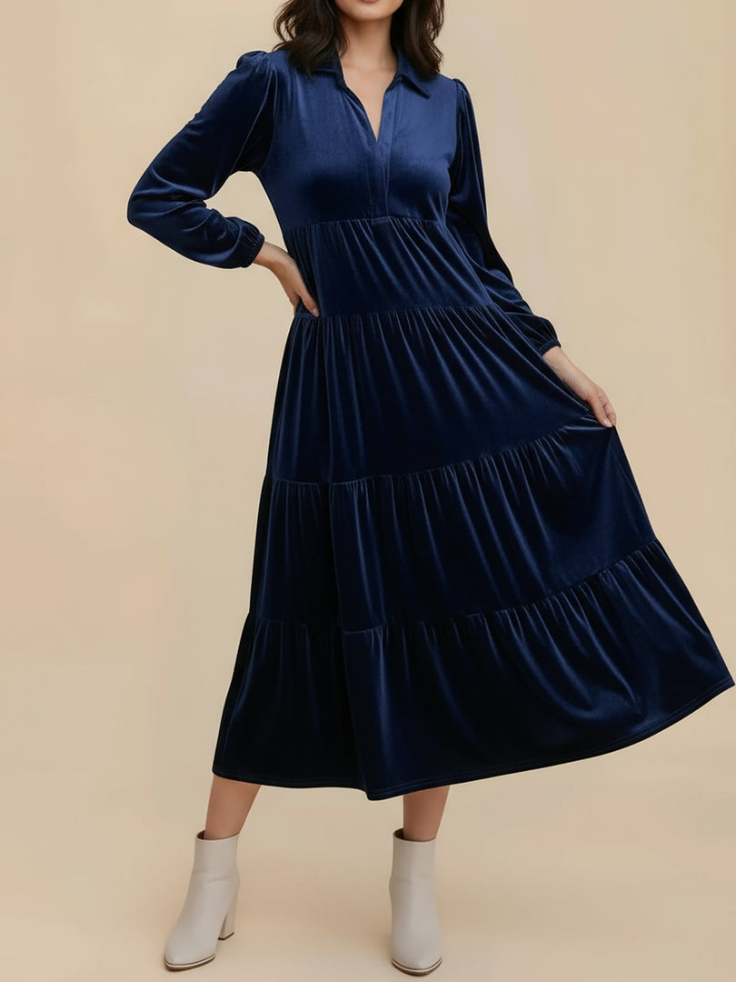 Women's Velvet Midi Dress Collar Long Sleeve Tiered Flowing Fall Wedding Guest Style