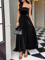 Load image into Gallery viewer, Women's Black Tie Dress Strapless Satin Flowing Maxi Style
