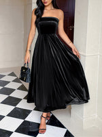 Load image into Gallery viewer, Women's Black Tie Dress Strapless Satin Flowing Maxi Style
