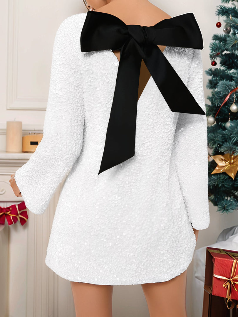 Women's Sequin White Birthday Dress Bow Back Long Sleeve