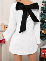 Women's Sequin White Birthday Dress Bow Back Long Sleeve