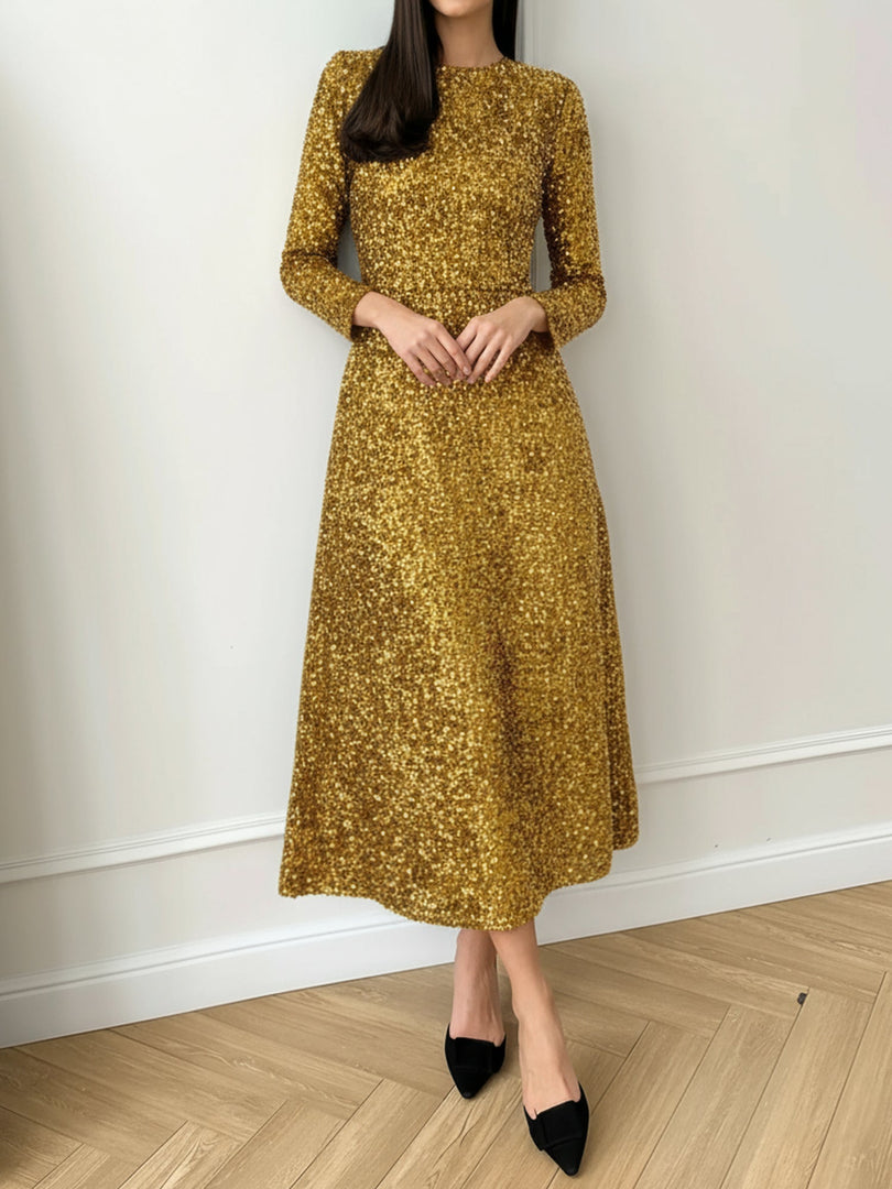 Women's Sequin Maxi Dress Round Neck Long Sleeve Flowing Sparkle Autumn Wedding Guest Style