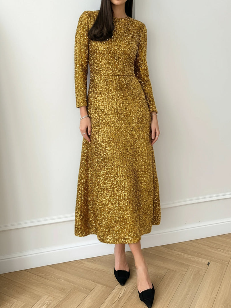 Women's Sequin Maxi Dress Round Neck Long Sleeve Flowing Sparkle Autumn Wedding Guest Style