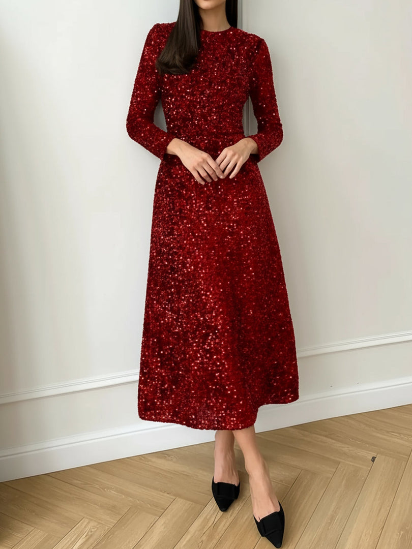 Women's Sequin Maxi Dress Round Neck Long Sleeve Flowing Sparkle Autumn Wedding Guest Style