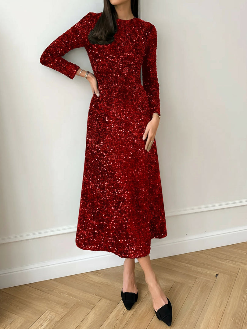 Women's Sequin Maxi Dress Round Neck Long Sleeve Flowing Sparkle Autumn Wedding Guest Style