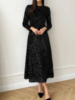 Load image into Gallery viewer, Women's Sequin Maxi Dress Round Neck Long Sleeve Flowing Sparkle Autumn Wedding Guest Style
