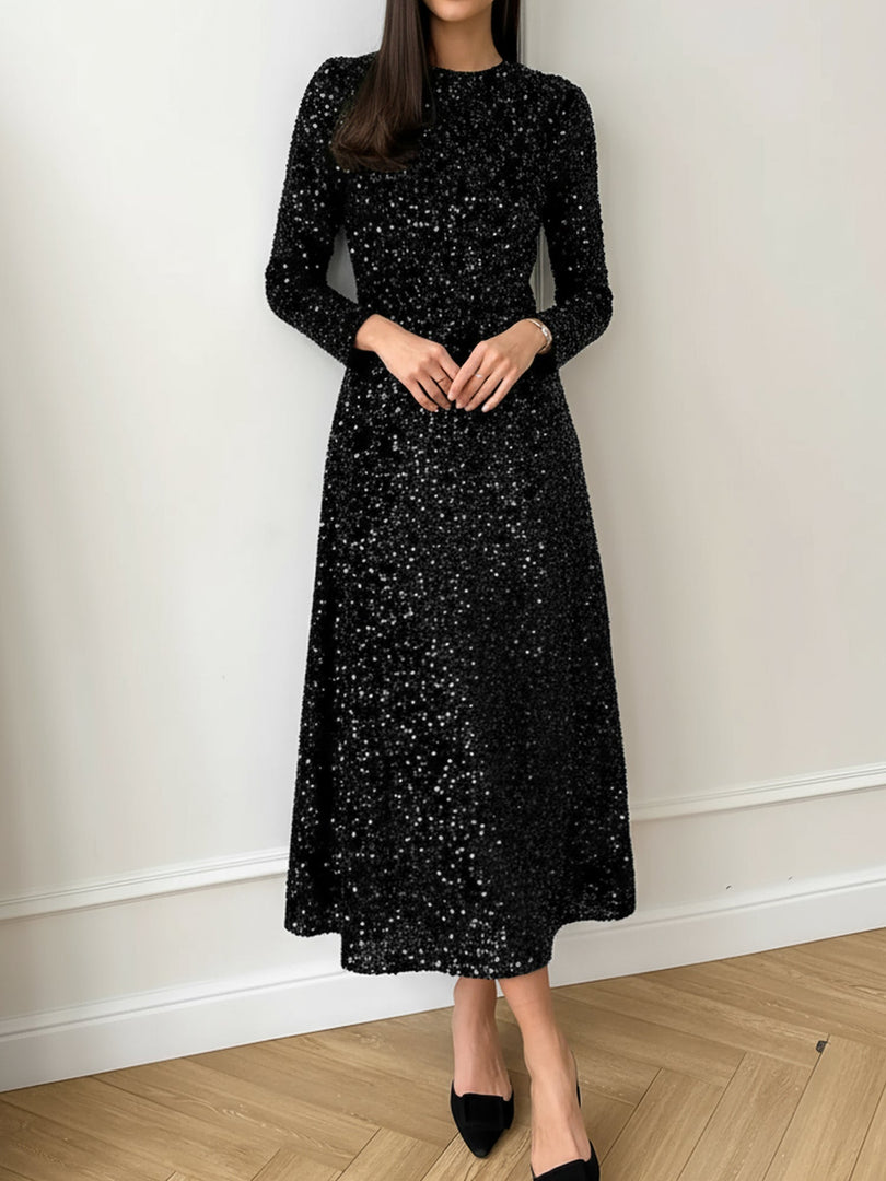 Women's Sequin Maxi Dress Round Neck Long Sleeve Flowing Sparkle Autumn Wedding Guest Style