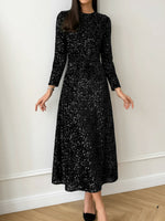 Load image into Gallery viewer, Women's Sequin Maxi Dress Round Neck Long Sleeve Flowing Sparkle Autumn Wedding Guest Style
