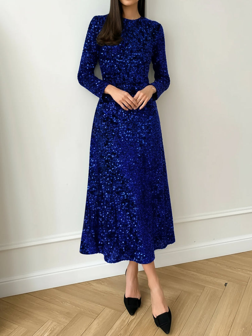 Women's Sequin Maxi Dress Round Neck Long Sleeve Flowing Sparkle Autumn Wedding Guest Style
