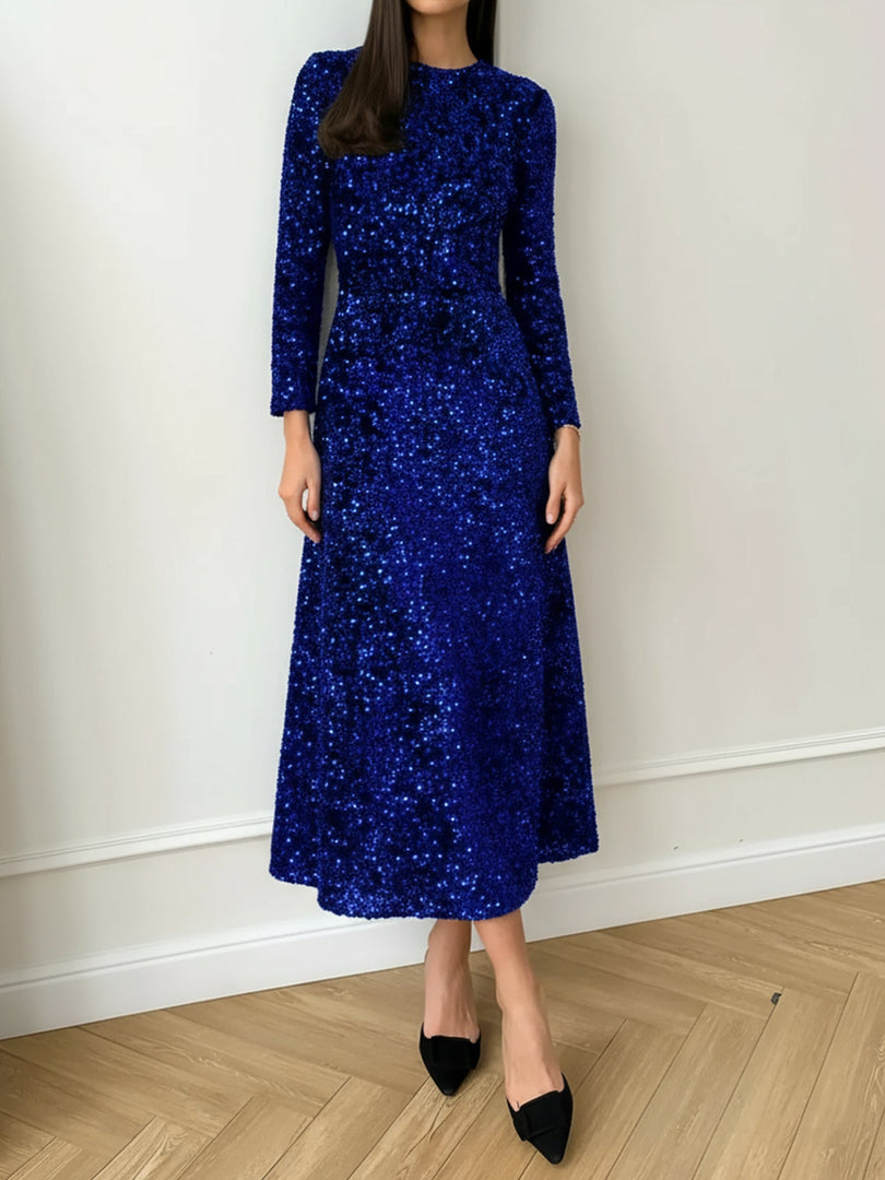 Women's Sequin Maxi Dress Round Neck Long Sleeve Flowing Sparkle Autumn Wedding Guest Style