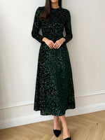 Load image into Gallery viewer, Women's Sequin Maxi Dress Round Neck Long Sleeve Flowing Sparkle Autumn Wedding Guest Style
